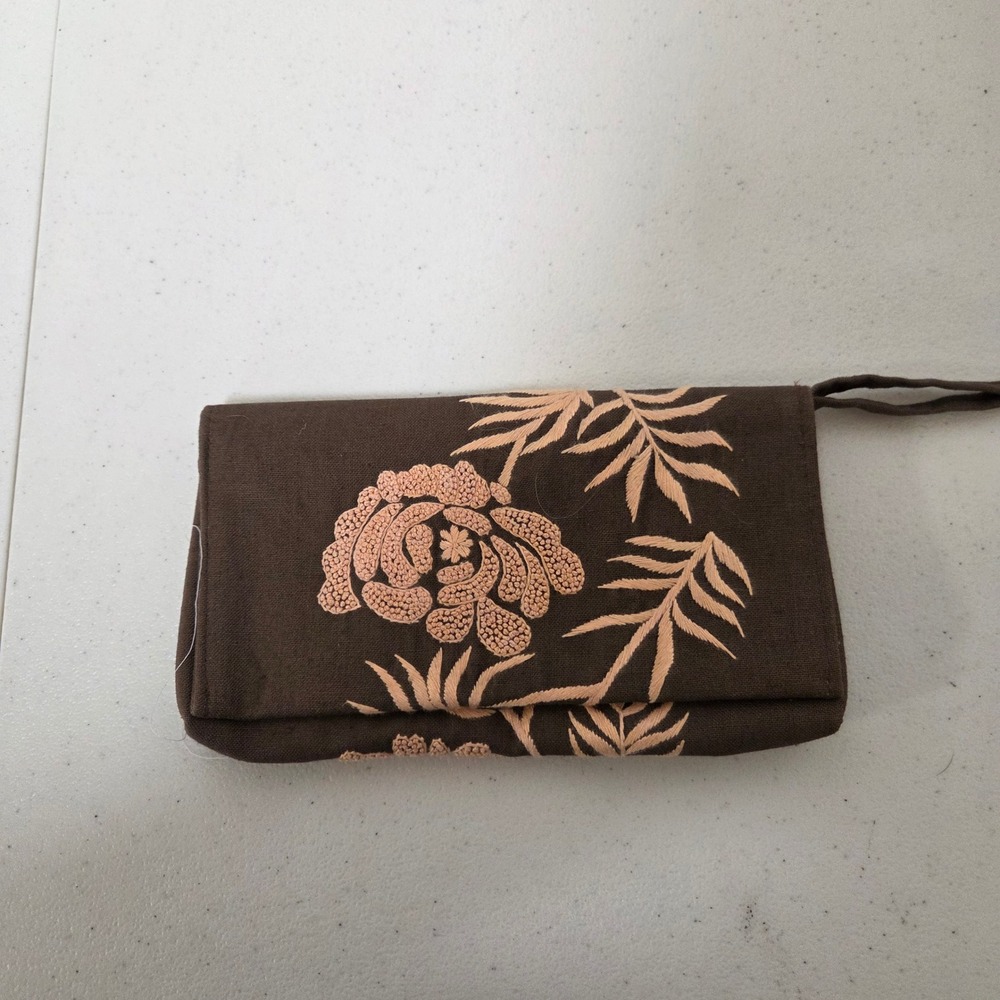 Brown Canvas Embroidered Floral Wristlet Clutch Wallet Magnetic Snap Closure
